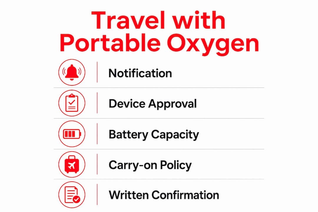 Infographic summarizing airline rules for portable oxygen travel