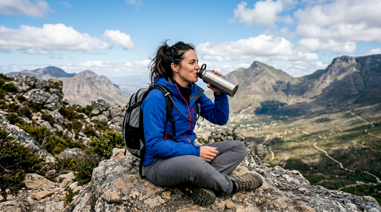 Female trekker drinking water outdoors in meadow