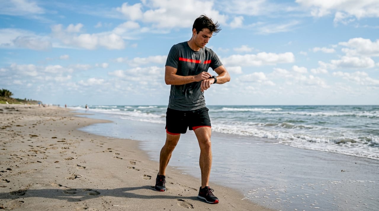 Runner adjusting fitness tracker outdoors