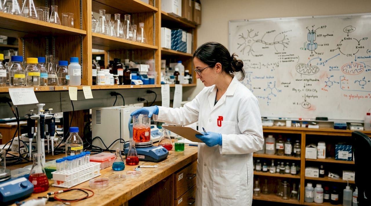 Researcher examining neuron cell samples in lab