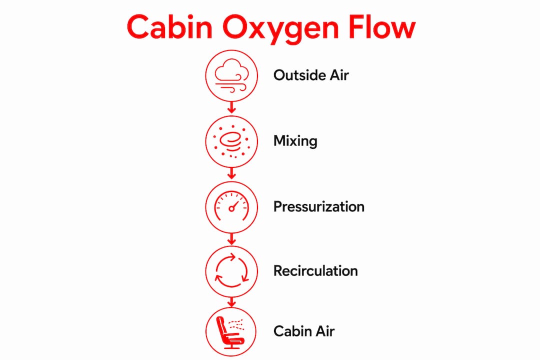 Infographic showing oxygen flow stages in airplane cabins