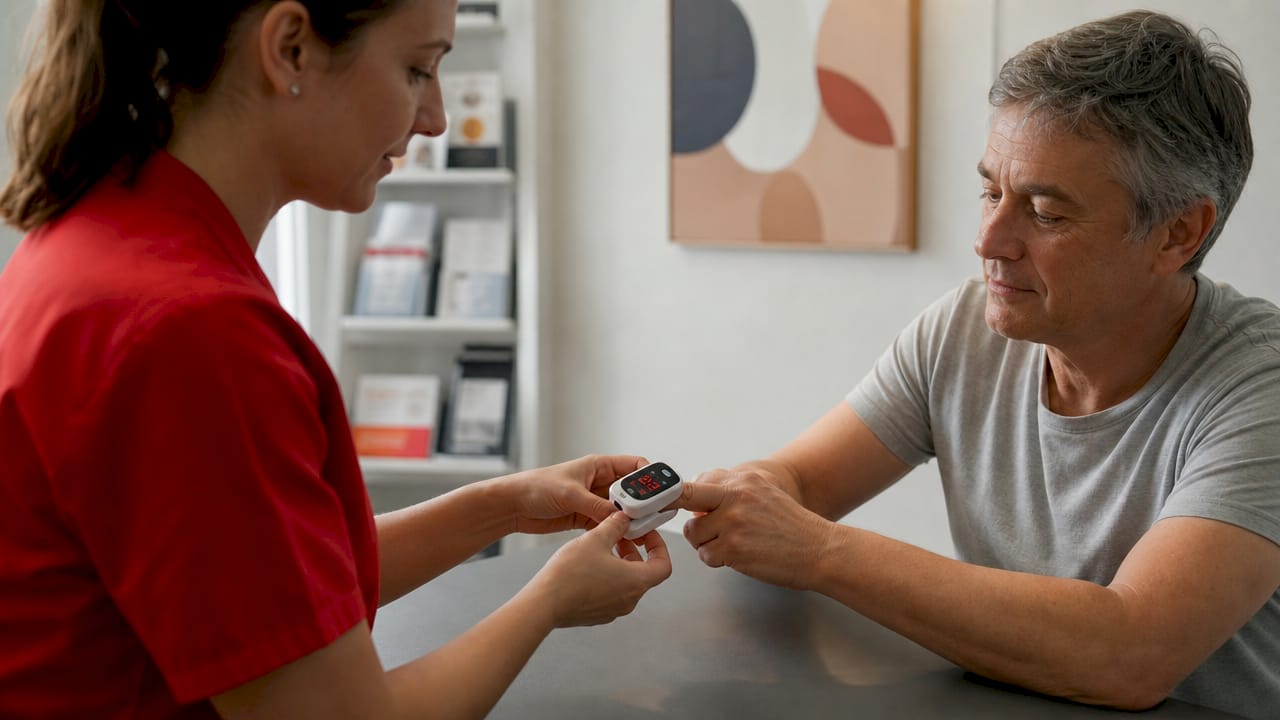 Pulse oximeter on patient finger close-up