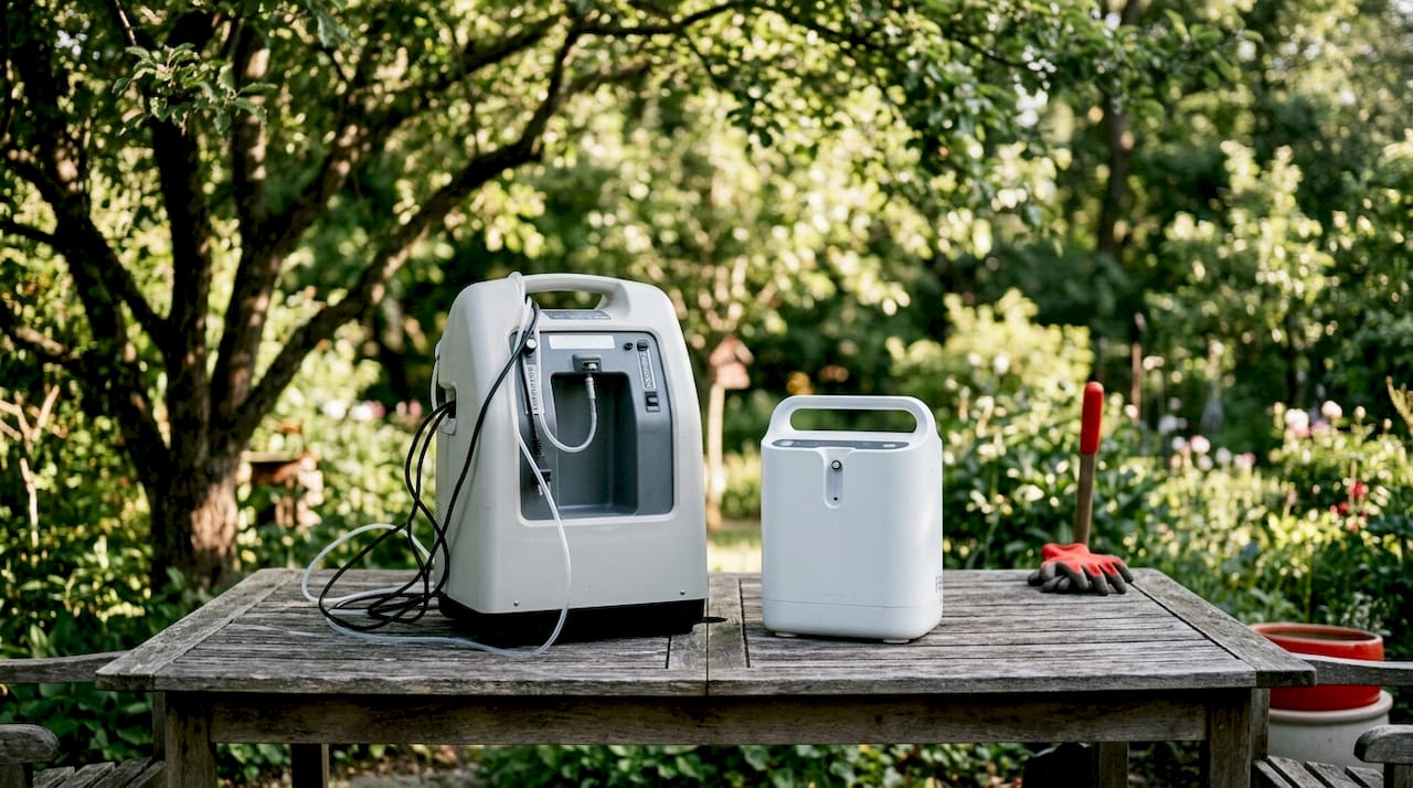 Two oxygen concentrators side by side showing size difference