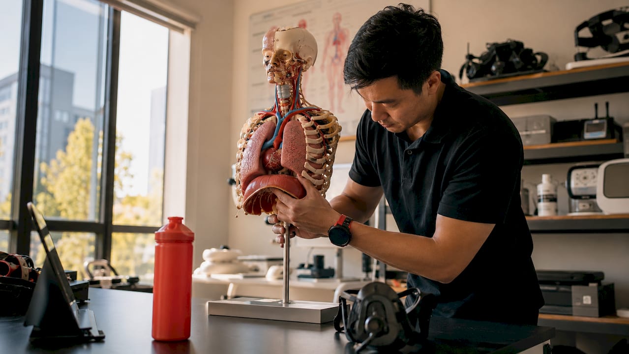 Physiologist studying respiratory anatomy model