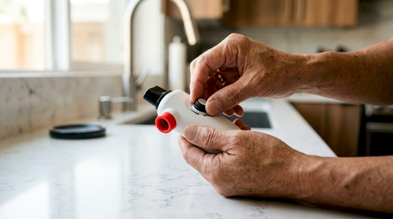 Hands adjusting handheld breathing trainer device