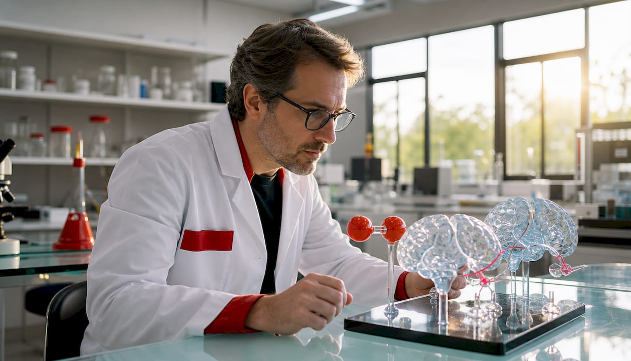 Hands holding oxygen molecule model in lab