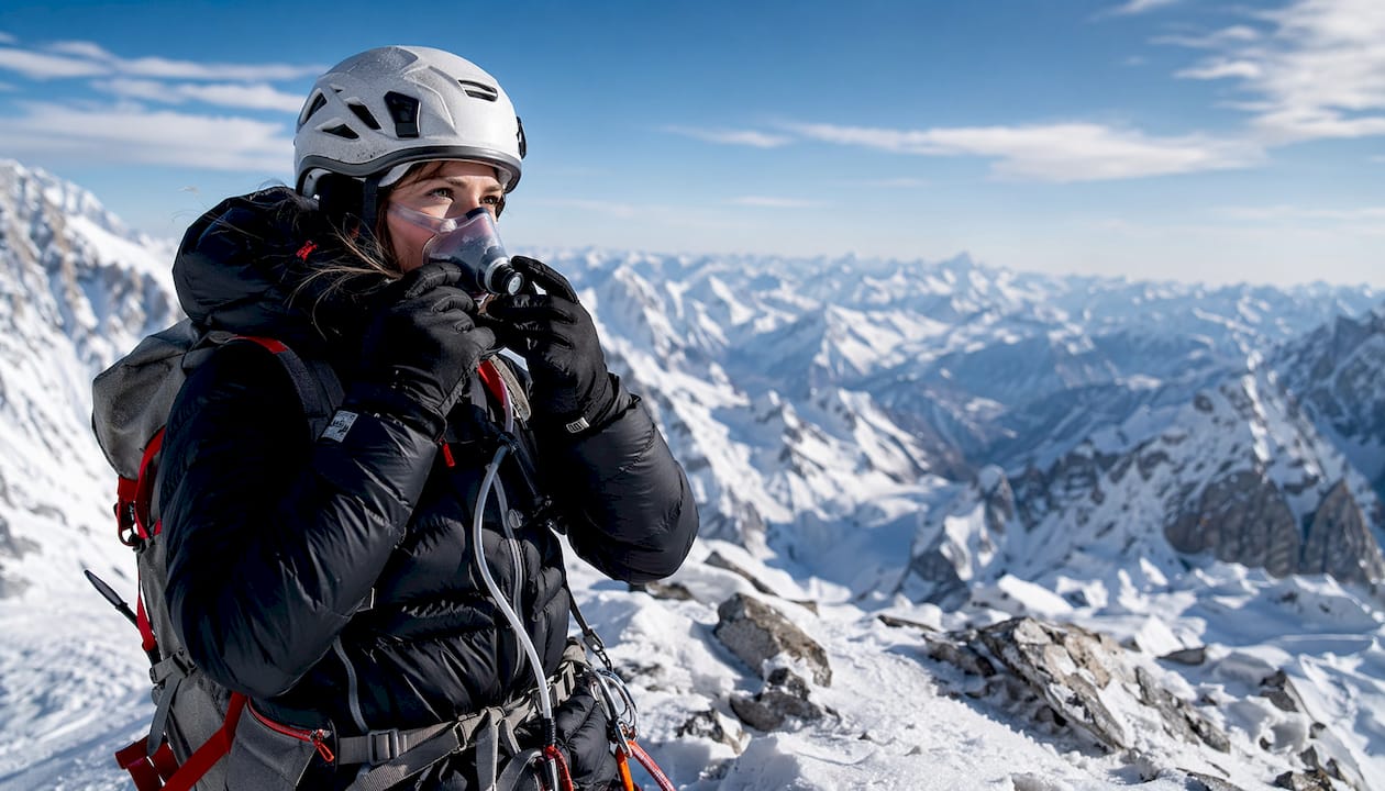 Climber adjusting oxygen flow rate on mountain slope