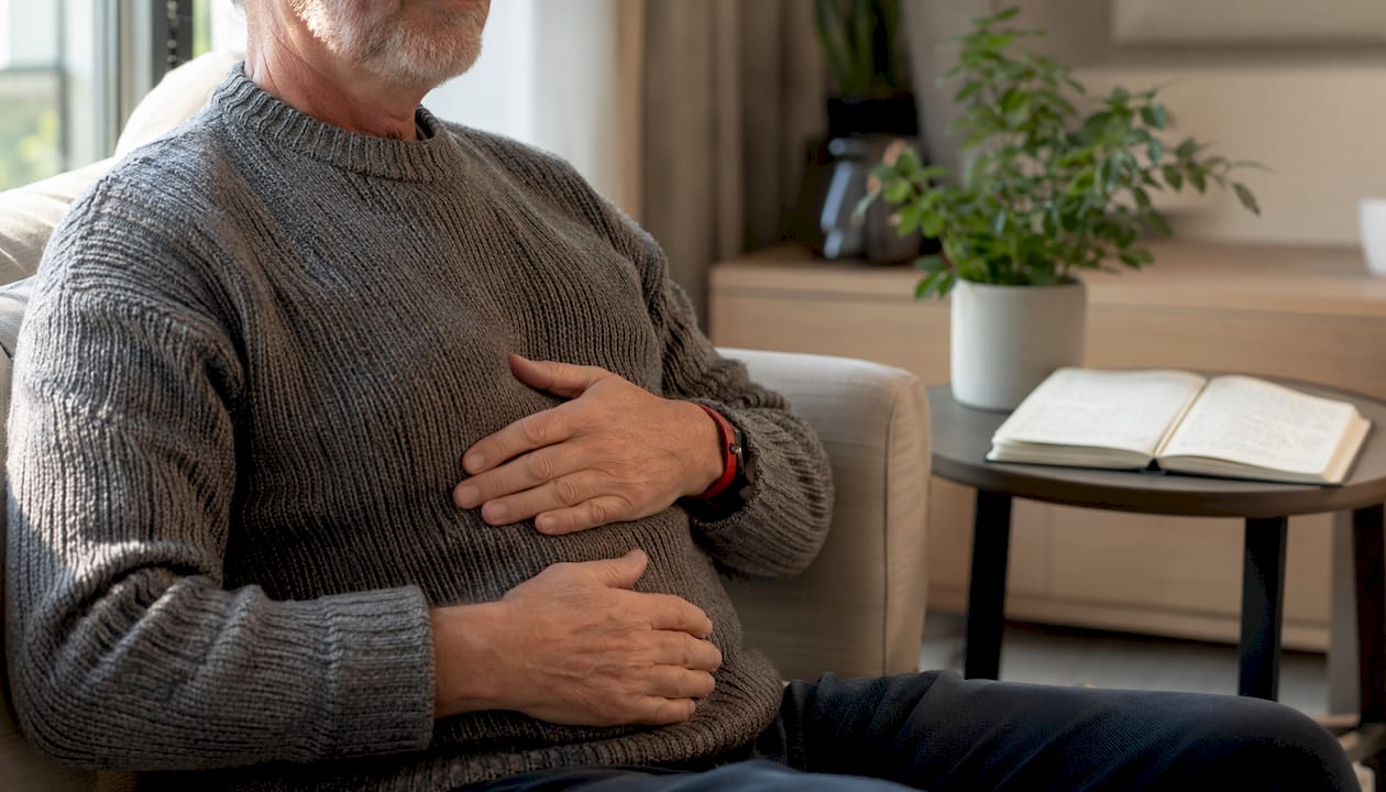Senior man doing paced breathing at desk
