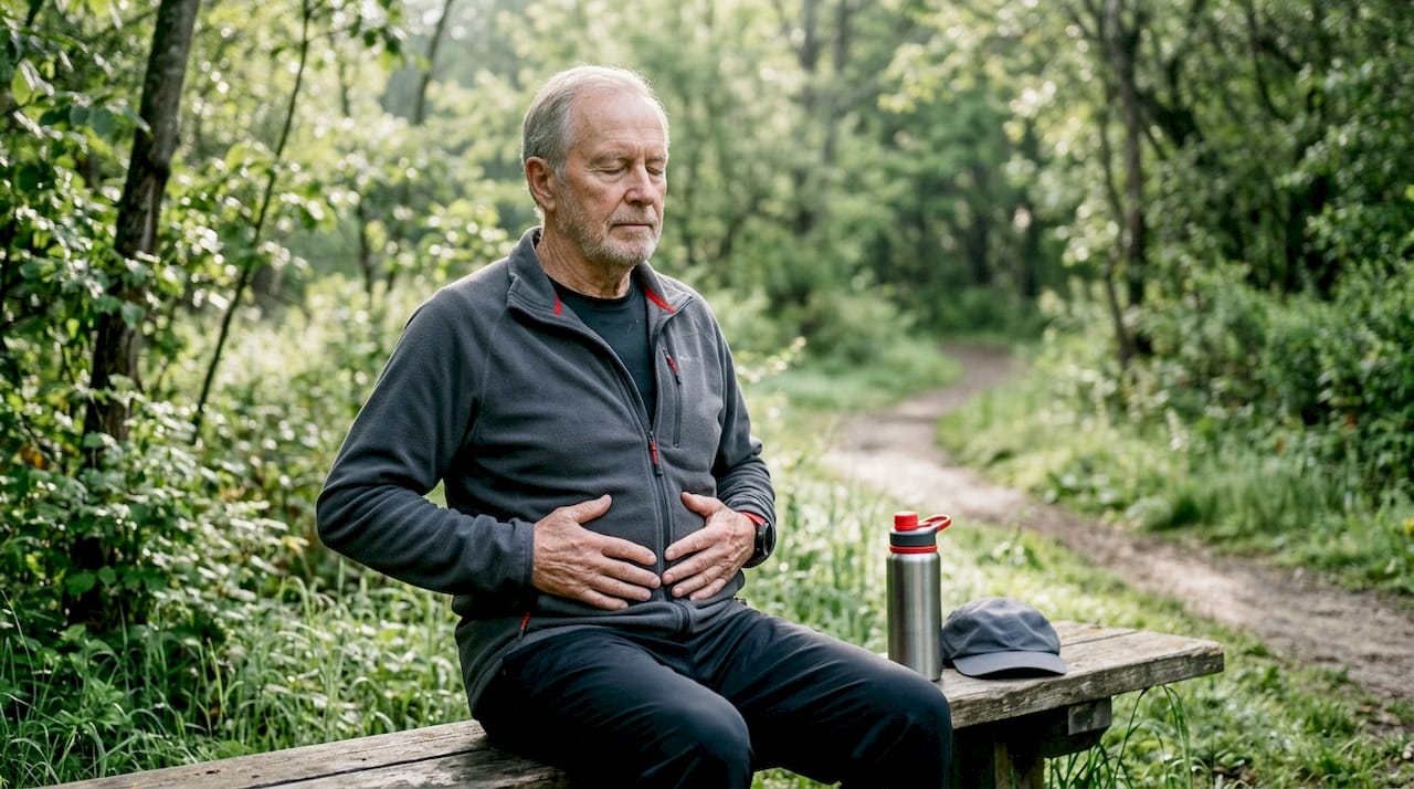 Elderly man practicing diaphragmatic breathing outdoors