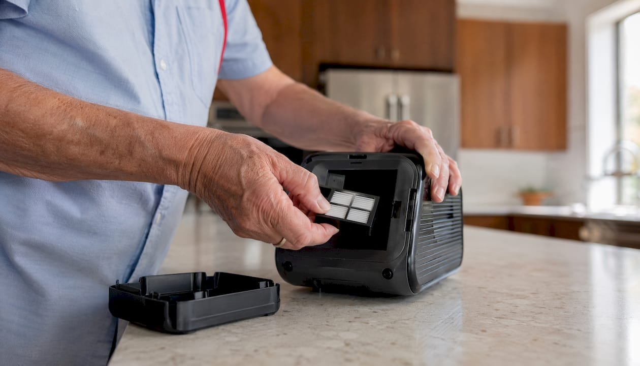 Hands replacing air filter of oxygen concentrator device