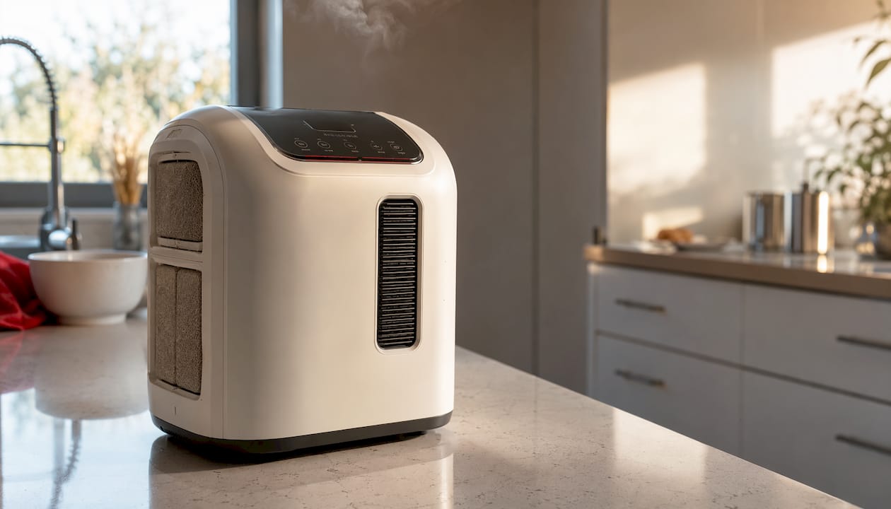 Portable oxygen concentrator on wooden bench outdoors