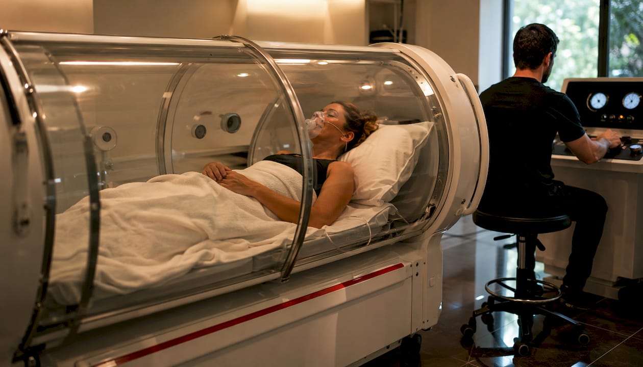 Hyperbaric oxygen therapy chamber with athlete inside