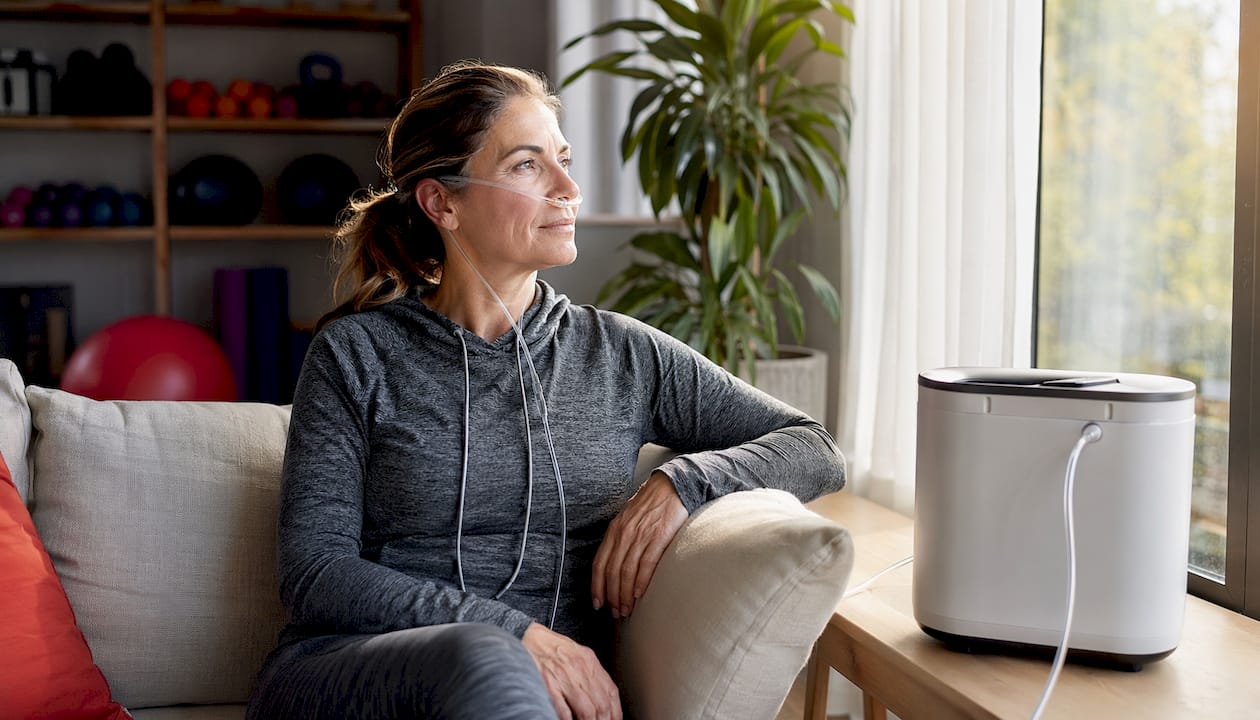 Female athlete using home normobaric oxygen therapy session