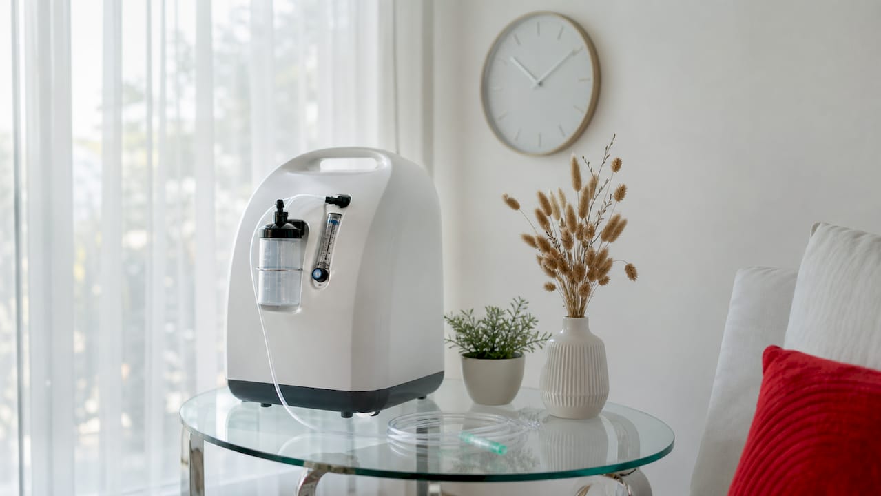 Oxygen therapy equipment on bedside table in senior's room