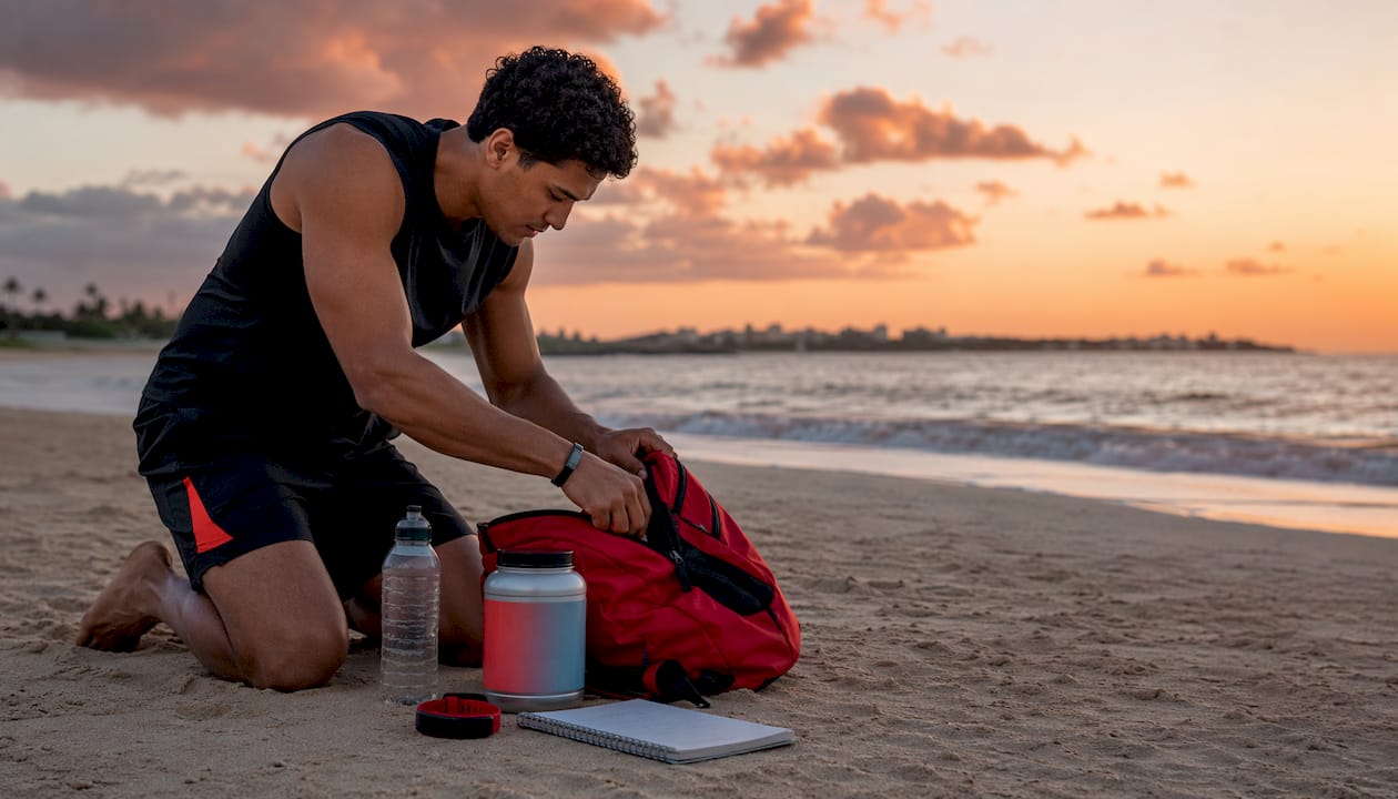 Close-up of athlete hands organizing recovery essentials
