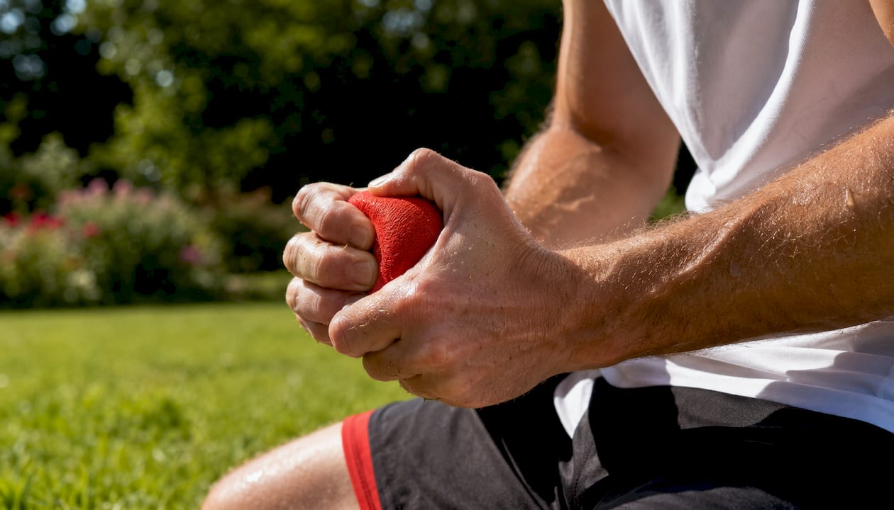 Hands squeezing tennis ball during muscle recovery