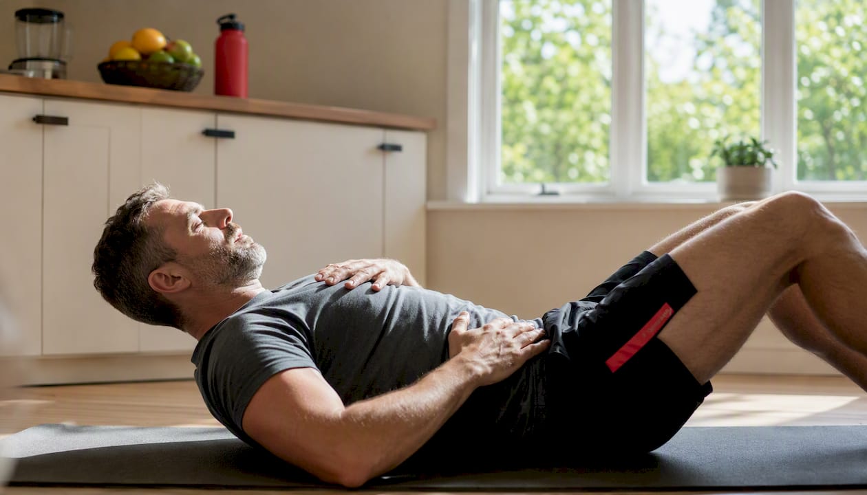 Man practicing diaphragmatic breathing at home