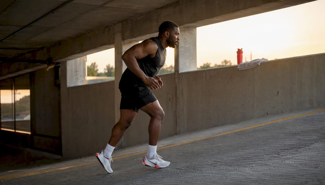 Man running stairs in underground parking garage