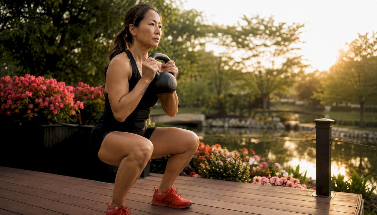 Woman doing goblet squat exercise in gym