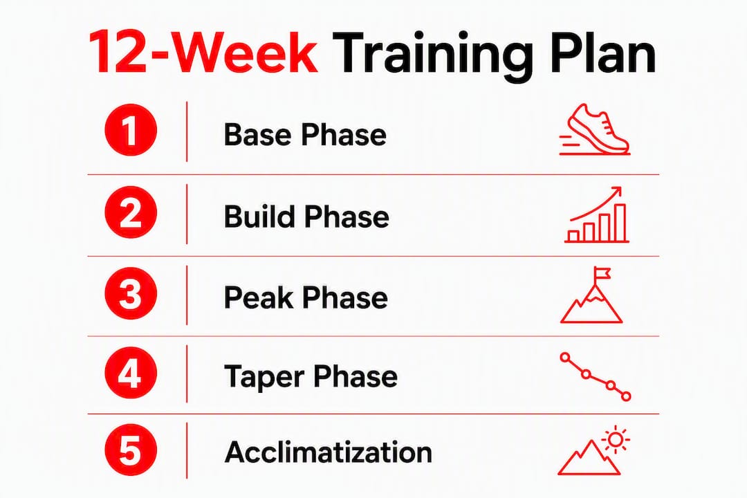 Infographic showing 5 stages of 12-week training plan