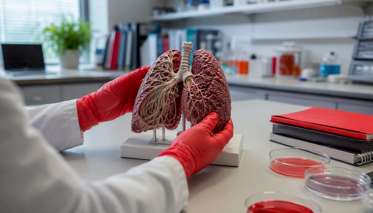 Hands examining lung model with magnifying glass