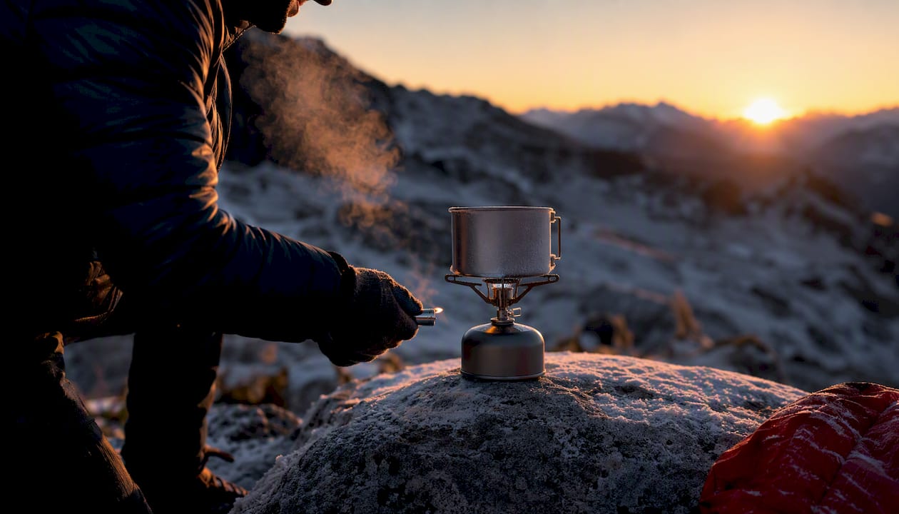 Hand lighting camping stove at cold alpine camp
