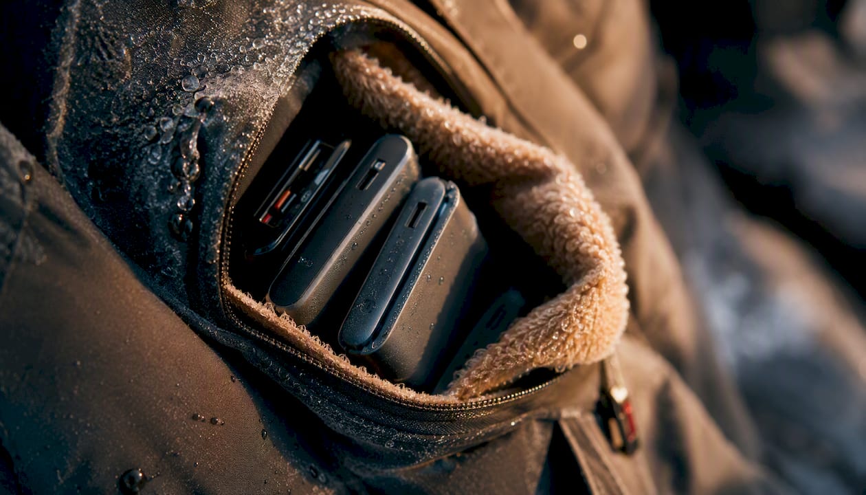 Insulated jacket pocket storing spare batteries in cold