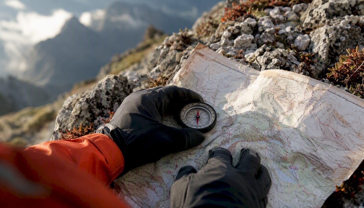 Hands using compass and map for navigation at mountain