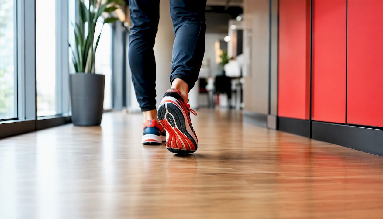 Close-up of walking feet on office floor