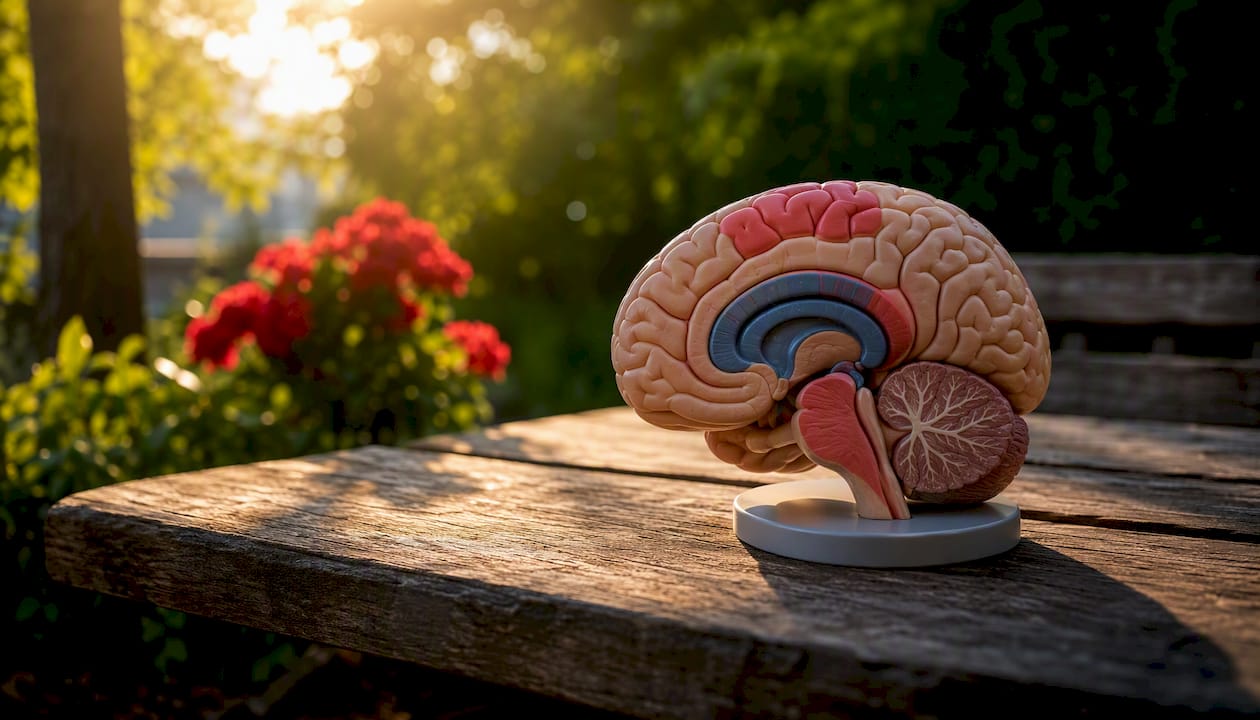 Anatomical brain model highlighting stress regions