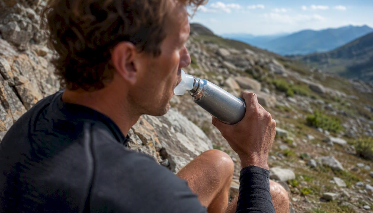Athlete inhaling oxygen from can on trail