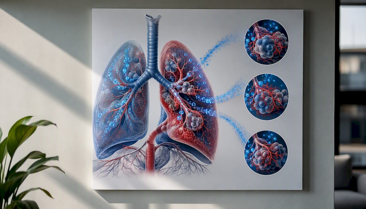 Anatomical lungs diagram showing oxygen flow