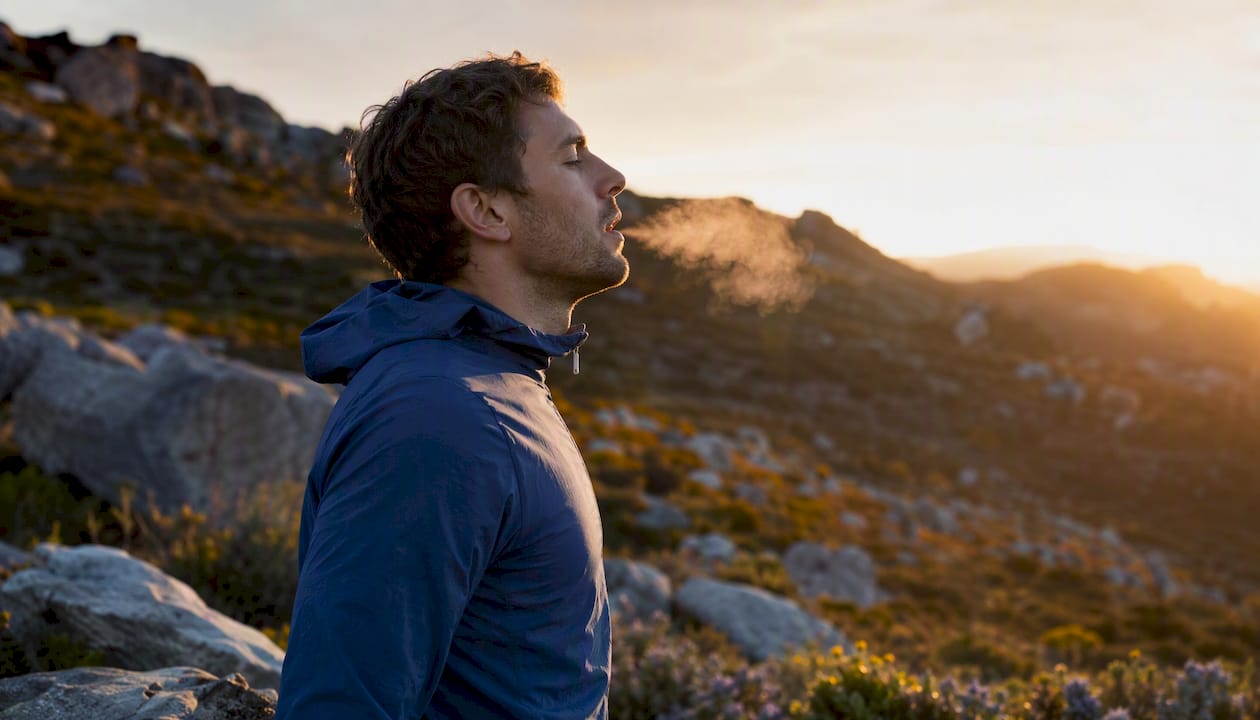 Person breathing deeply at altitude in fresh mountain air