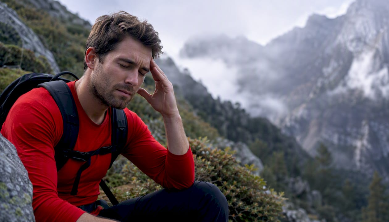 Climber massaging temple in mountain setting