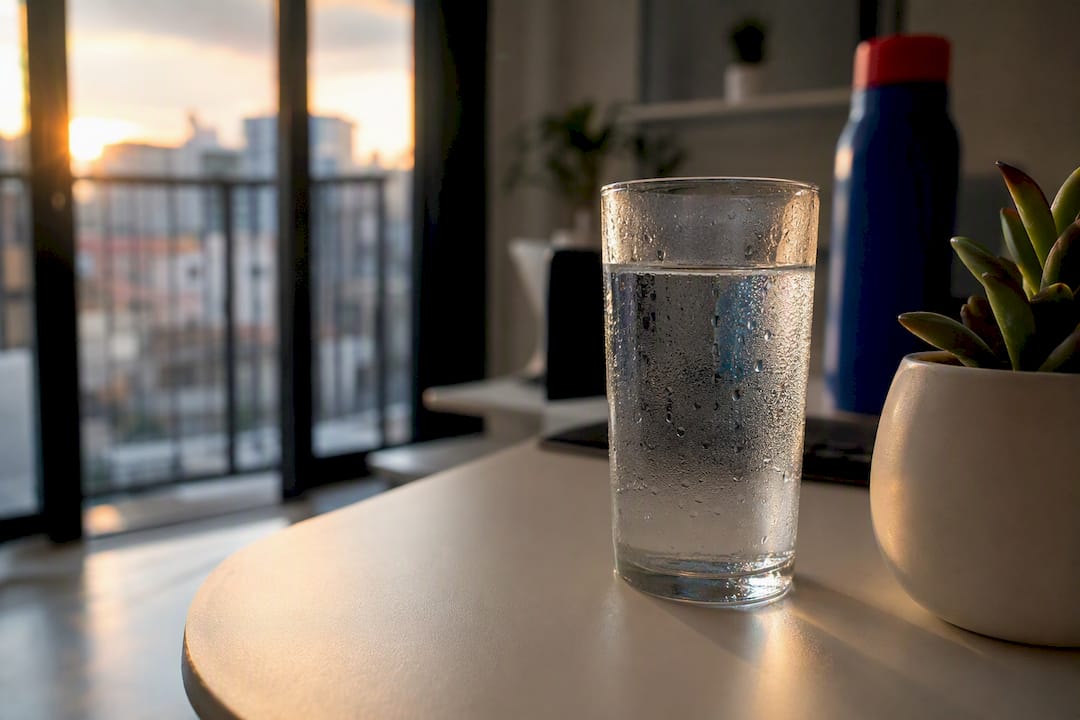 Glass of water with condensation on desk