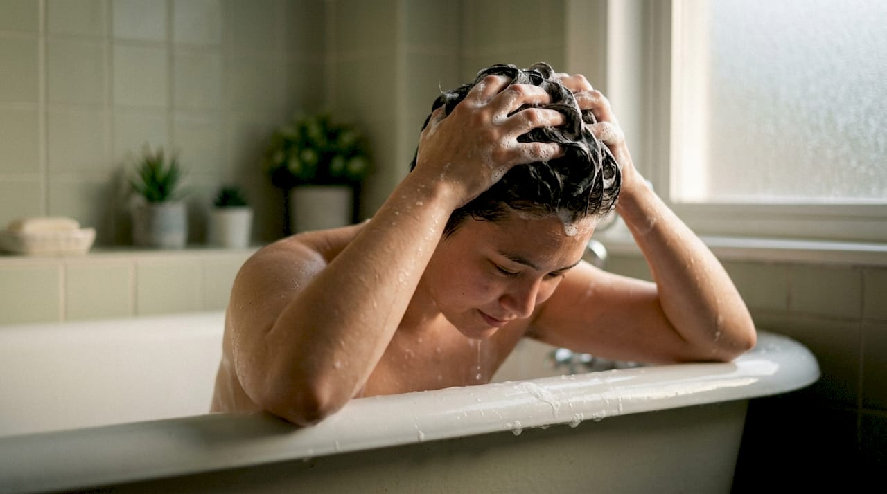 Person washing hair with forearms on sink