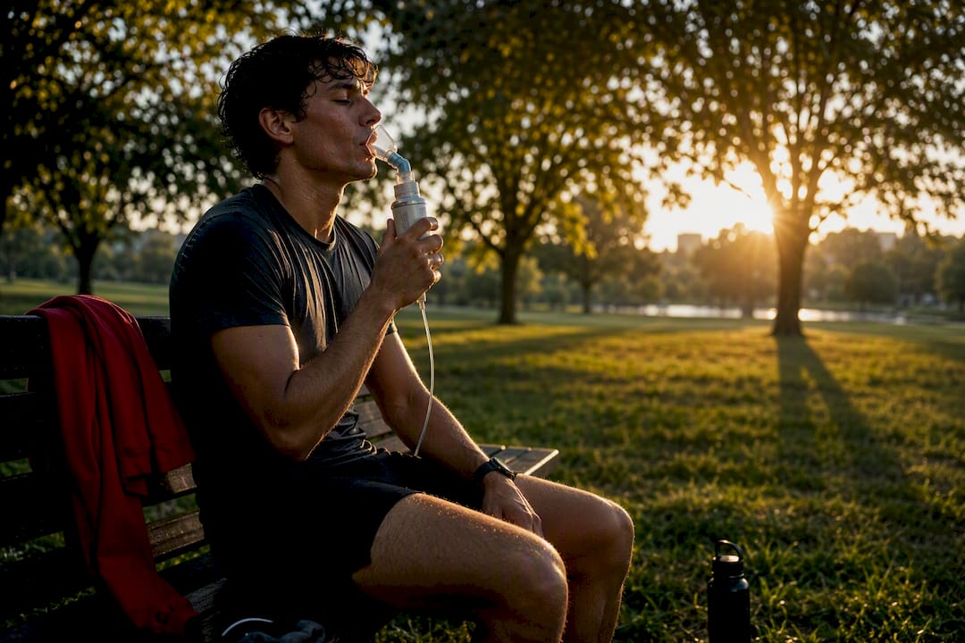 Runner inhaling oxygen for post-exercise recovery