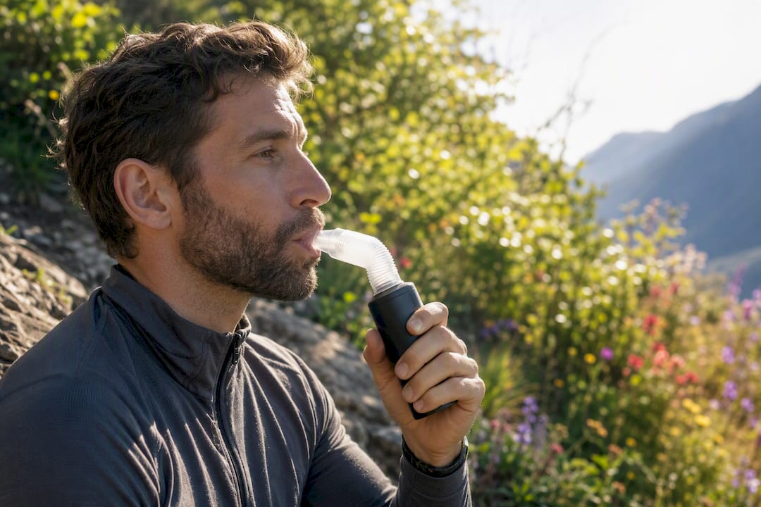 Person using oxygen mouthpiece breathing outdoors