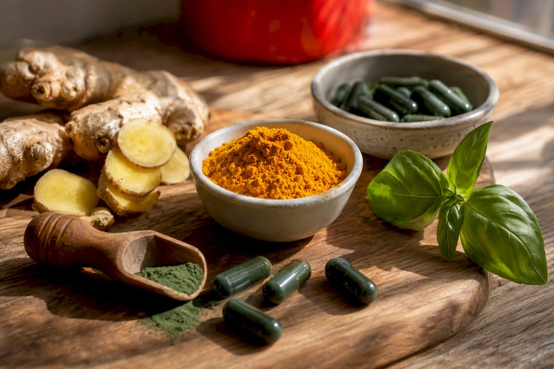 Natural travel recovery supplements and herbs close-up