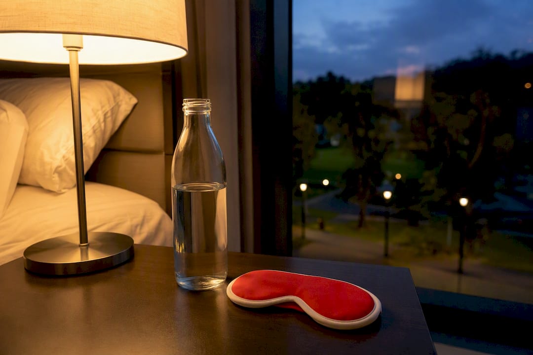 Bedside table with travel sleep supplements and sleep aids