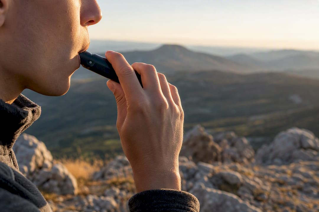 Close-up of hand inhaling oxygen from mouthpiece outdoors