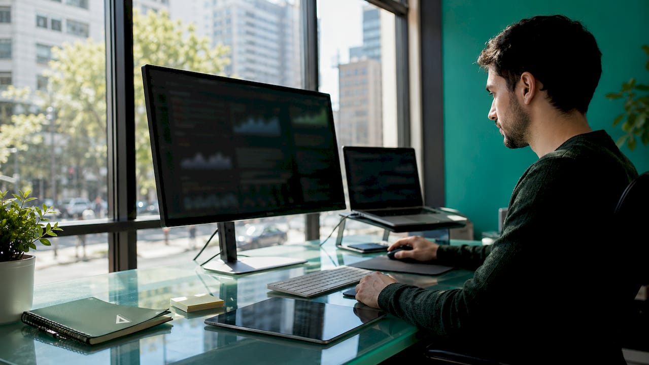Digital marketing analyst at desk reviewing SEO data