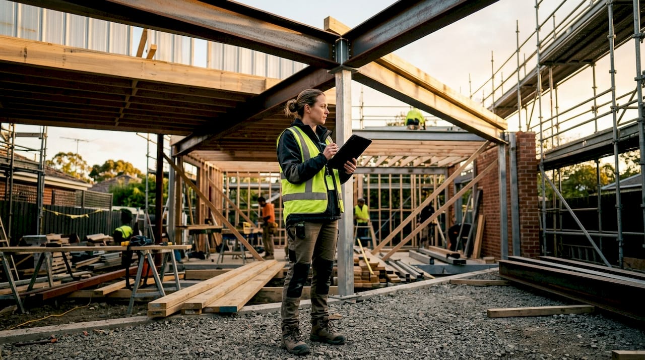Surveyor hands inspecting steel beams with tablet