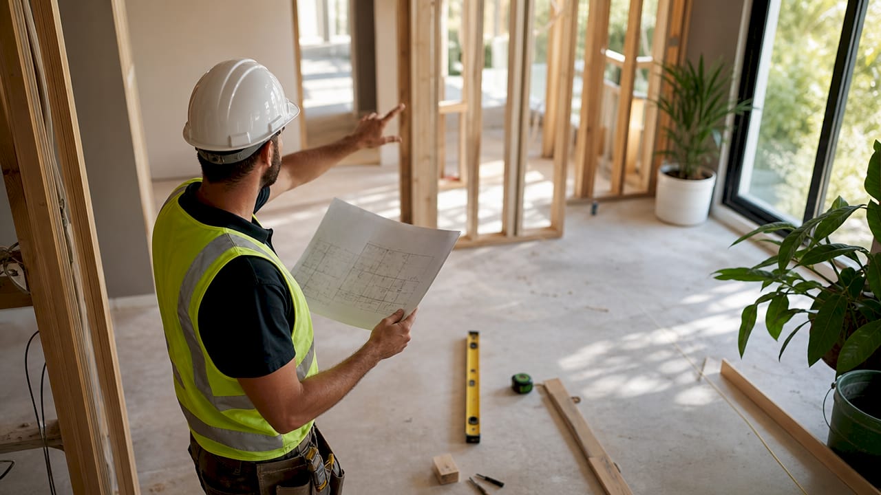 Construction worker marking load-bearing wall