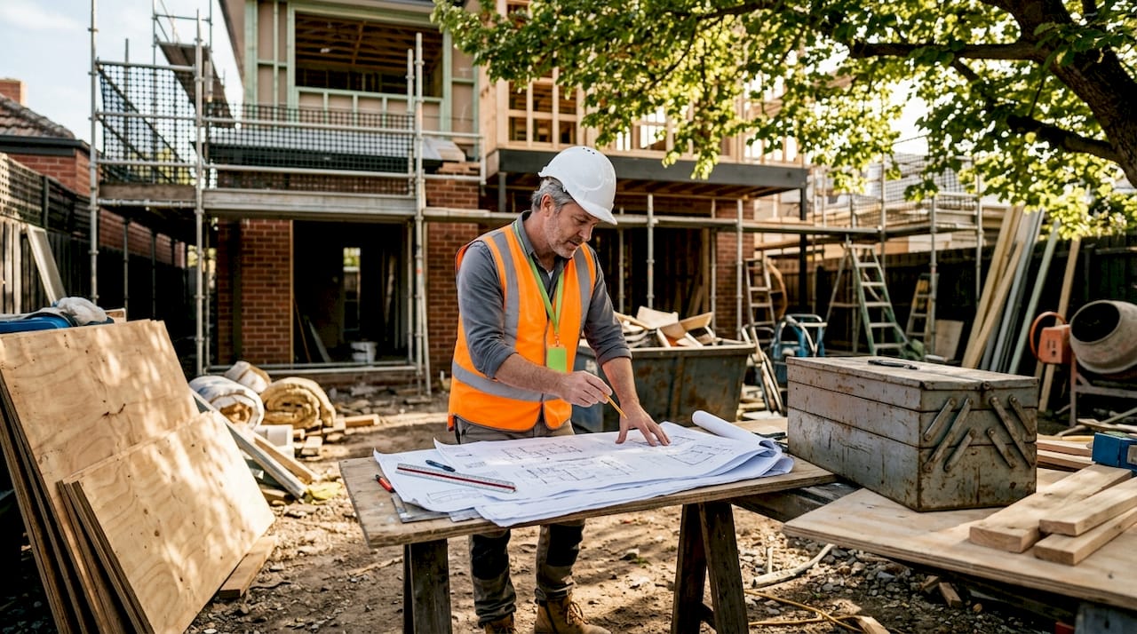 Building surveyor reviewing home renovation plans onsite