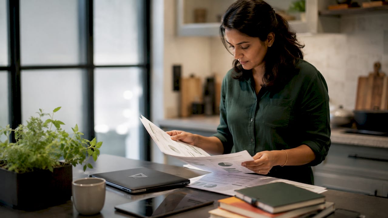 Woman reviewing SEO audit reports at desk