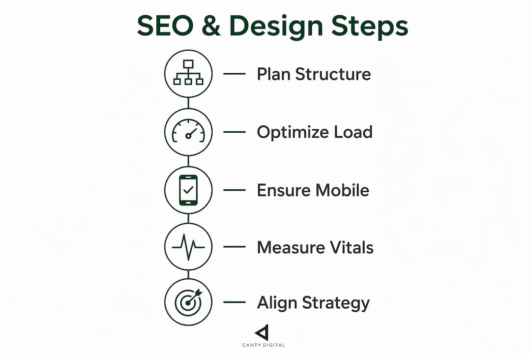 Infographic showing key SEO and web design integration steps