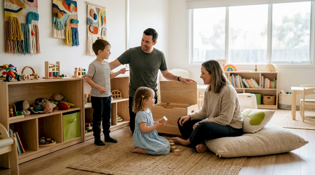 Family exploring child-safe renovated living room