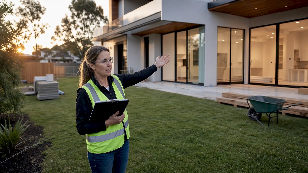 Builder inspecting complex custom home framing