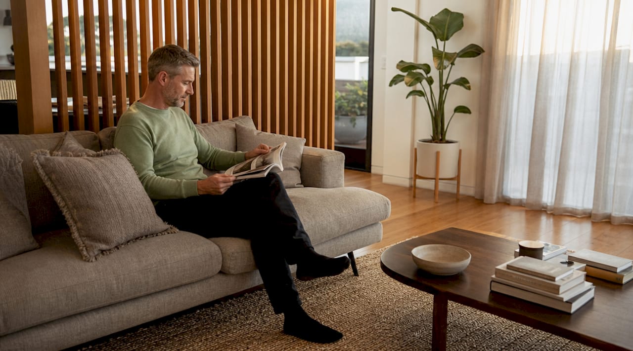 Warm timber acoustic screen in cozy living room